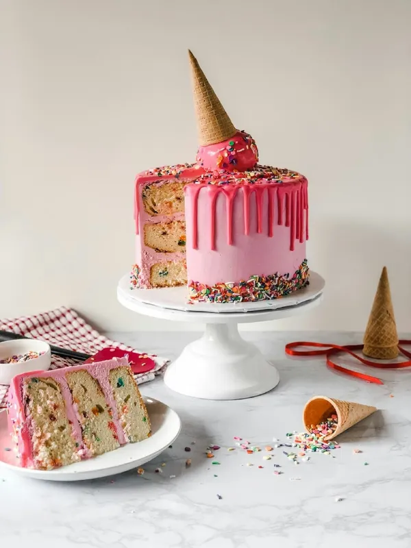 Torta rosada con goteo y cono de helado